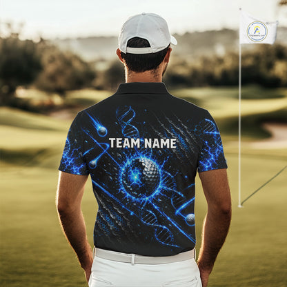 Man wearing a black polo shirt with blue graphics and 'TEAM NAME' text on a golf course.