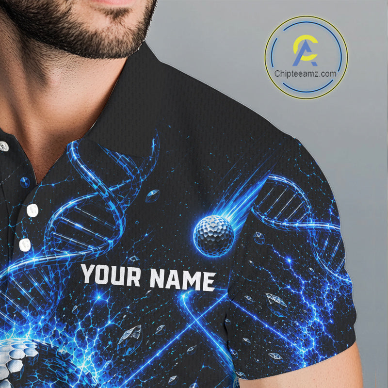 Black polo shirt with blue graphic design and 'Your Name' text, brand logo visible