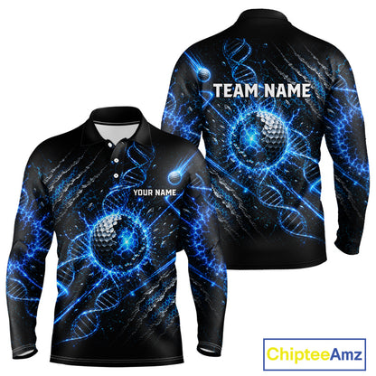 Black long-sleeve shirt with blue DNA and golf ball design, customizable text, and Chiptee Amz branding.