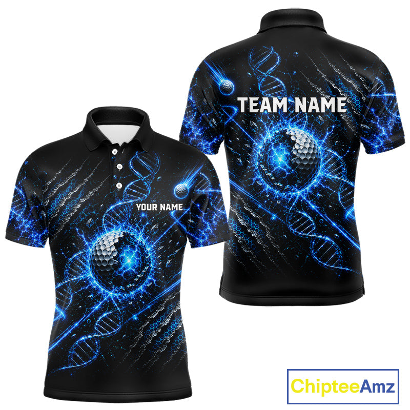 Black polo shirt with blue DNA and golf ball design, customizable text, and Chiptee Amz branding.