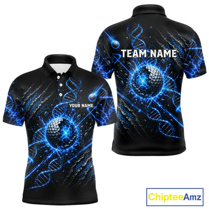 Black polo shirt with blue DNA and golf ball design, customizable text, and Chiptee Amz branding.