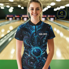 Load image into Gallery viewer, Woman wearing a custom bowling shirt with 'Your Name' on a bowling alley background