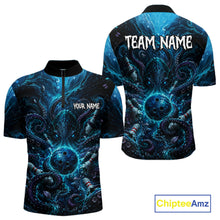 Load image into Gallery viewer, Bowling shirt with blue and black design, 'Team Name' and 'Your Name' text on a white background.