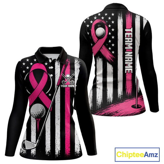 Front and back views of a long-sleeve polo shirt featuring a black, white, and pink American flag design with a pink breast cancer ribbon, golf ball, golf club, and 'TEAM NAME' text on a white background. A 'ChipteeAmz' logo is visible in the bottom right corner.