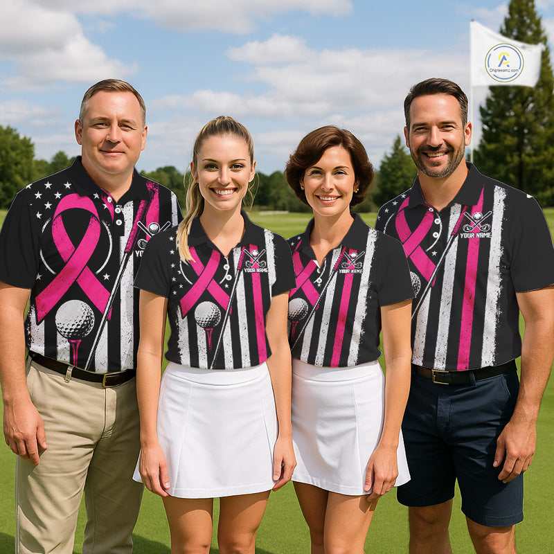 Breast Cancer Awareness Men Golf Polo Shirt Personalized Custom Name Pink Ribbon Jersey NHT1289
