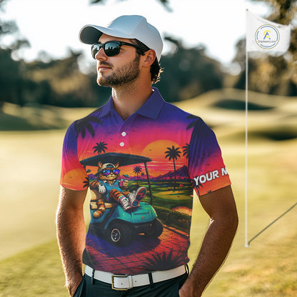Personalized Cat Mens Golf Polo Shirt – Funny Tropical Sunset Golf Gilf For Golfer
