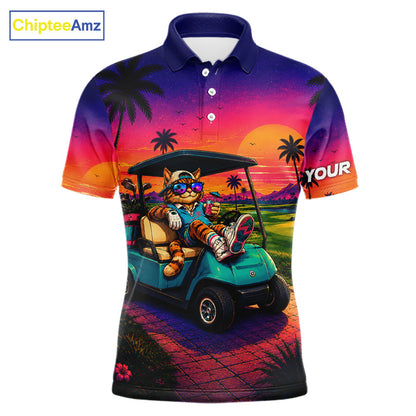 Personalized Cat Mens Golf Polo Shirt – Funny Tropical Sunset Golf Gilf For Golfer