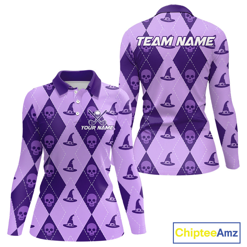 Front and back views of a long-sleeve polo shirt in purple and lavender with a repeating skull and witch hat argyle pattern. The front has a collar, button placket, and customizable chest text.