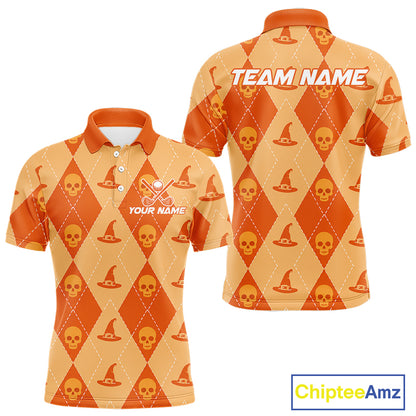 Front and back views of a short-sleeve polo shirt with an orange and beige argyle pattern featuring skull and witch hat motifs. The front has placeholder text 'YOUR NAME' and a crossed golf club graphic, while the back has 'TEAM NAME'.