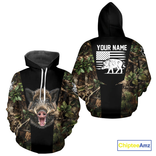 Custom Wild Boar Hunting 3D Shirt Black and Forest Camo with US Flag, Boar Hunting Gifts NHT181