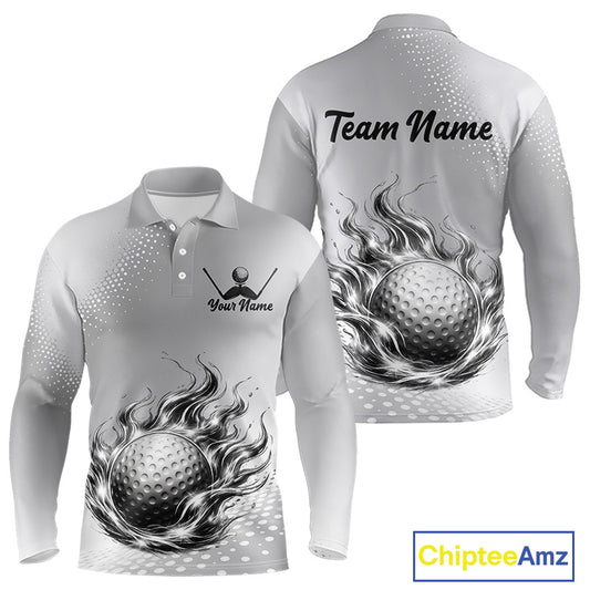 Personalized Flaming Golf Ball Mens Polo Shirt Gray Fire Design Custom Name Golf Shirts For Team NHT619