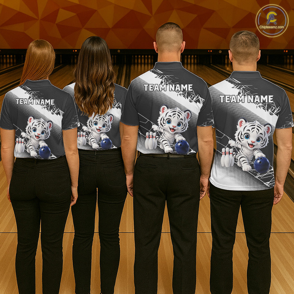 Custom White Black Cute Tiger Personalized Bowling Polo & Quarter-Zip Shirt For Women NHT1160