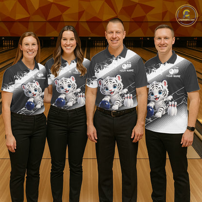 Custom White Black Cute Tiger Personalized Bowling Polo & Quarter-Zip Shirt For Women NHT1160