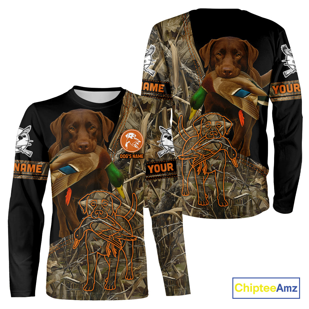 Chocolate Lab Hunting Dog Customized Name All Over Print Shirts For Hunters, Duck Hunting NHT275