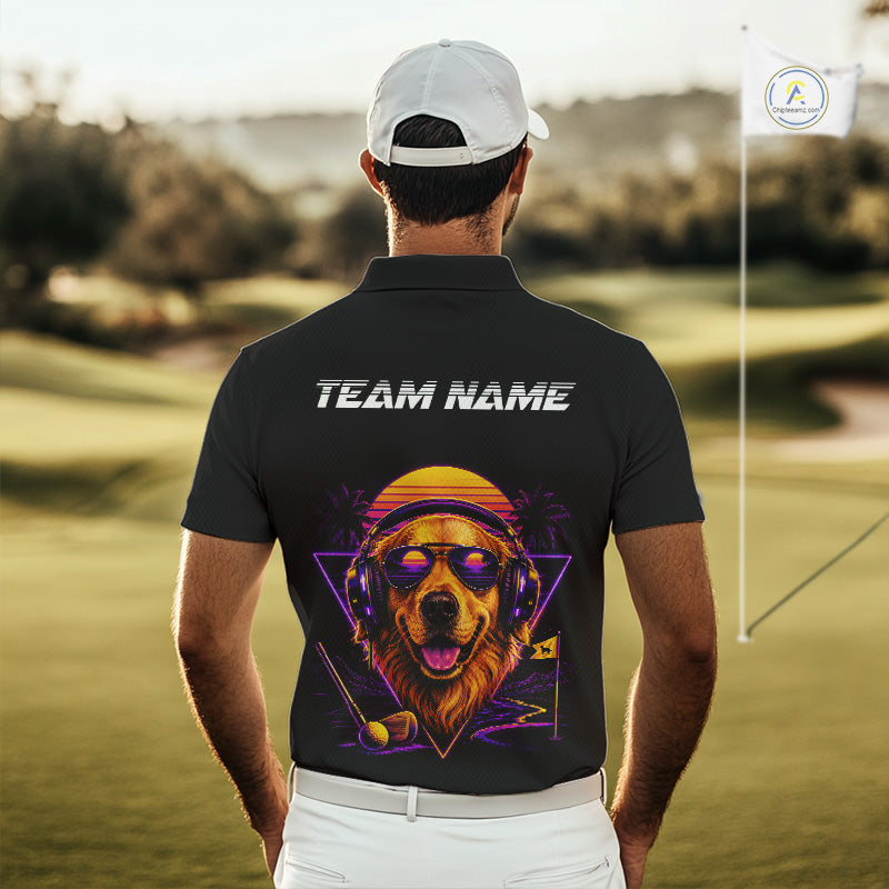 Man wearing a black polo shirt with a colorful dog graphic and 'TEAM NAME' text on a golf course.
