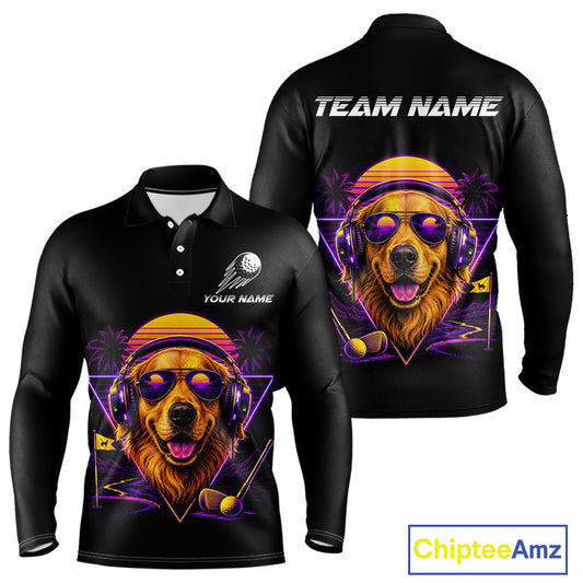 Retro Synthwave Golden Retriever Golf Polo Shirt - Funny Dog Dad Golfing Apparel