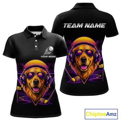 Retro Synthwave Golden Retriever Womens Golf Polo Shirt - Funny Dog Dad Golfing Apparel