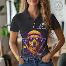 Load image into Gallery viewer, Person wearing a black polo shirt with a colorful dog graphic and text placeholder.