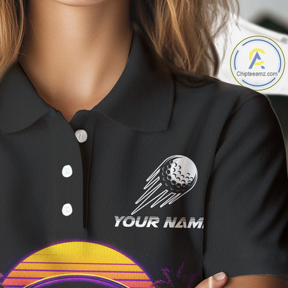Retro Synthwave Golden Retriever Womens Golf Polo Shirt - Funny Dog Dad Golfing Apparel
