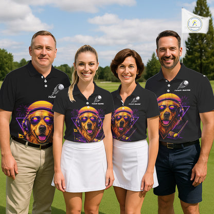 Retro Synthwave Golden Retriever Womens Golf Polo Shirt - Funny Dog Dad Golfing Apparel NHT997