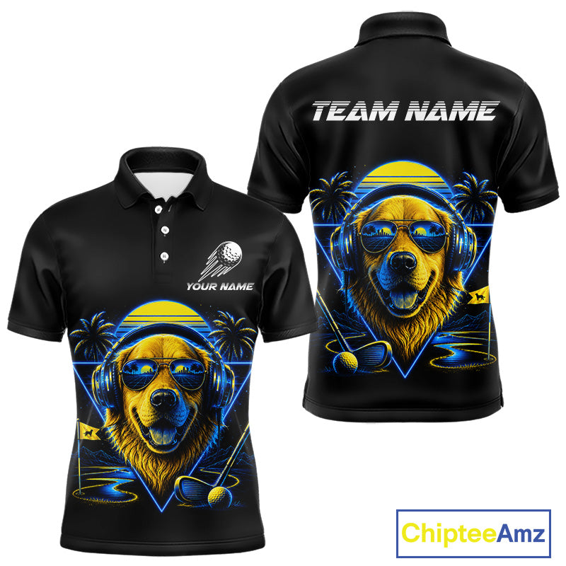 Personalized Golden Retriever Golf Shirt, Neon Blue Cyberpunk Dog Golf Polo Shirt For Men