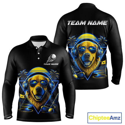 Personalized Golden Retriever Golf Shirt, Neon Blue Cyberpunk Dog Golf Polo Shirt For Men