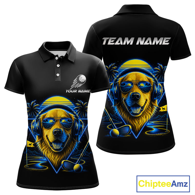 Personalized Golden Retriever Golf Shirt, Neon Blue Cyberpunk Dog Golf Polo Shirt For Womens