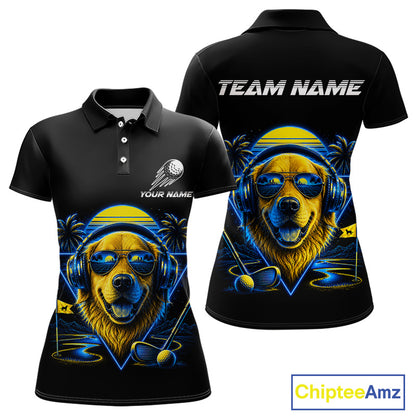 Personalized Golden Retriever Golf Shirt, Neon Blue Cyberpunk Dog Golf Polo Shirt For Womens