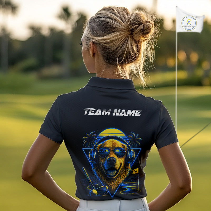 Personalized Golden Retriever Golf Shirt, Neon Blue Cyberpunk Dog Golf Polo Shirt For Womens