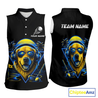 Personalized Golden Retriever Golf Shirt, Neon Blue Cyberpunk Dog Womens Sleeveless Golf Polo Shirt