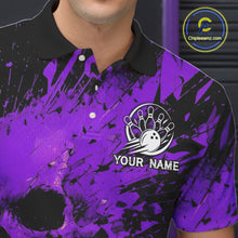 Load image into Gallery viewer, Purple and black splatter patterned polo shirt with a bowling logo and 'Your Name' text, brand logo in the corner.