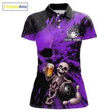 Load image into Gallery viewer, Custom Skeleton Beer Bowling Jersey, Purple Splatter Skull Polo &amp; Quarter-Zip Shirt Gift For Women 