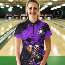 Load image into Gallery viewer, Person wearing a purple and black bowling shirt with a skeleton design in a bowling alley.