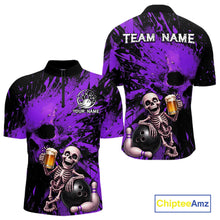 Load image into Gallery viewer, Purple and black bowling shirt with skeleton design and 'Team Name' text, featuring Chiptee Amz branding.