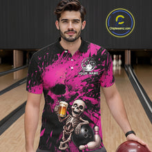 Load image into Gallery viewer, Man wearing a pink and black bowling-themed shirt with a skeleton holding a beer and bowling ball in a bowling alley.