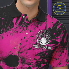 Load image into Gallery viewer, Pink and black splatter patterned polo shirt with bowling design and 'Your Name' text, brand logo visible.