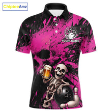 Load image into Gallery viewer, Custom Skeleton Beer Bowling Jersey, Pink Splatter Skull Polo &amp; Quarter-Zip Shirt Gift For Men 