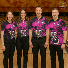 Load image into Gallery viewer, Custom Skeleton Beer Bowling Jersey, Pink Splatter Skull Polo &amp; Quarter-Zip Shirt Gift For Men NHT1169