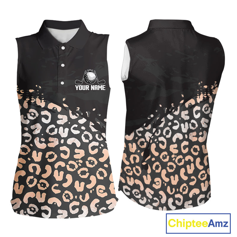 Custom Name Leopard Print Sleeveless Women Polo Shirt – Stylish Animal Print Golf Polo For Womens NHT855