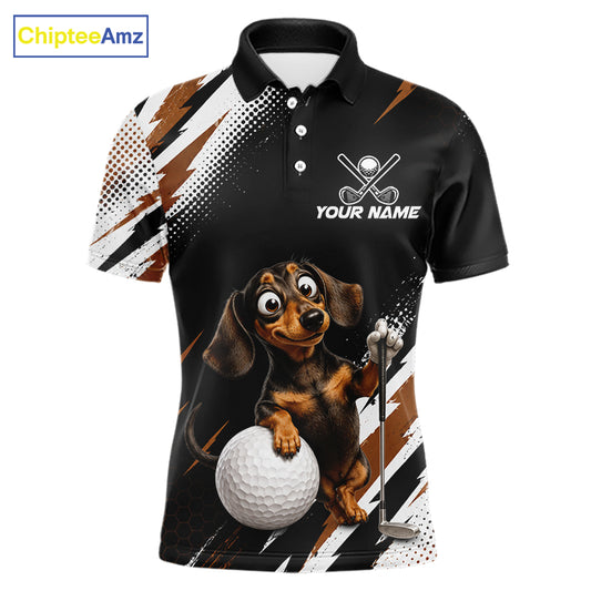 A black short-sleeve polo shirt with a custom graphic print of a dachshund holding a golf club next to a golf ball. The shirt features white and brown diagonal graphic stripes on the sides and sleeves, a white polo collar, and a customizable chest design with a golf ball and crossed clubs above the placeholder text 'YOUR NAME'.