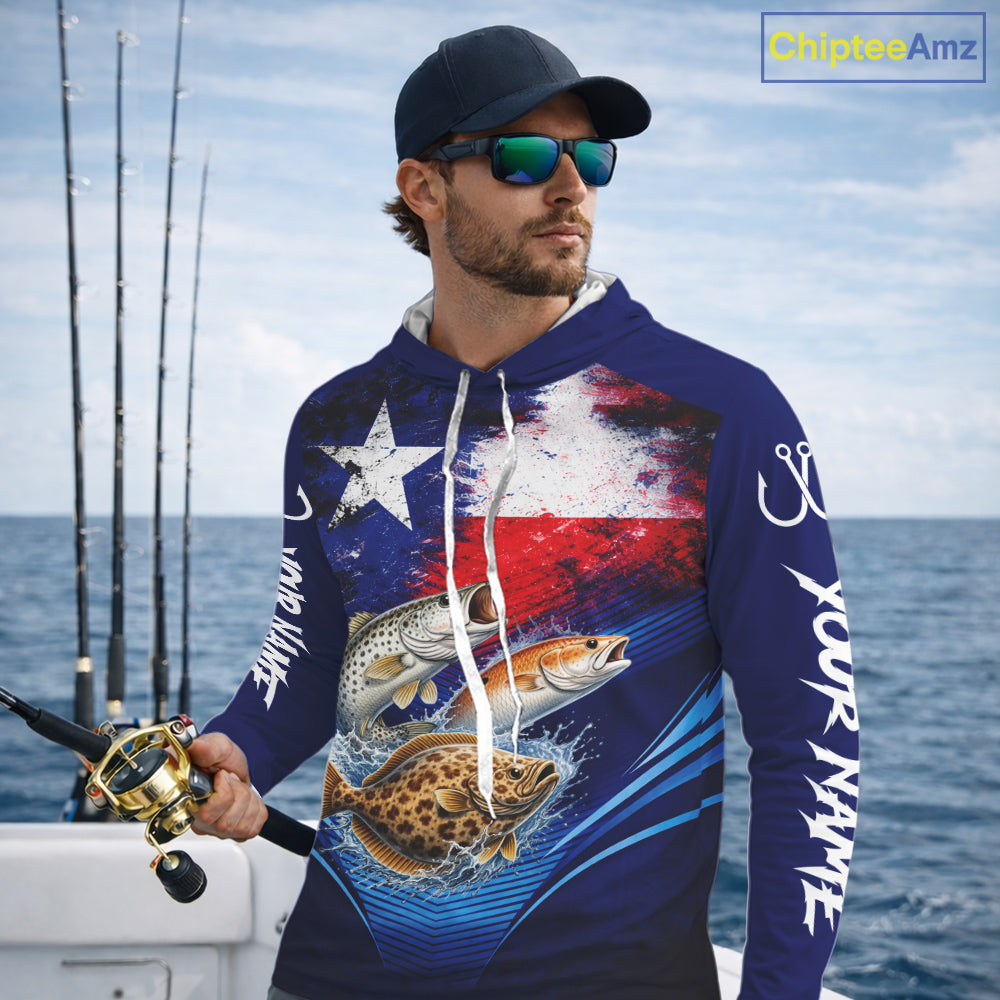 Texas Slam Redfish, Trout, Flounder Custom Fishing Shirts Long Sleeve Hooded, Texas Flag Fishing Shirt NHT505