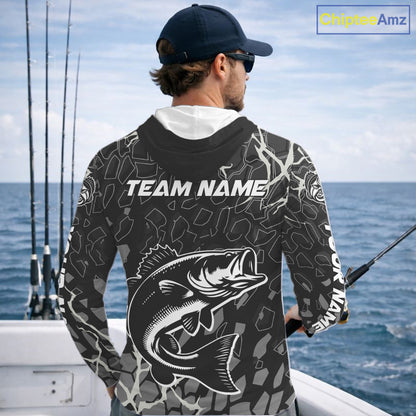 Custom Bass Fishing Black Camo Long Sleeve Hooded Fishing Shirts, Personalized Bass Fishing Jerseys NHT507