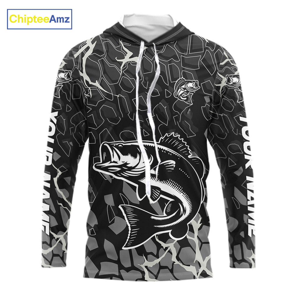 Custom Bass Fishing Black Camo Long Sleeve Hooded Fishing Shirts, Personalized Bass Fishing Jerseys NHT507