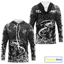 Load image into Gallery viewer, Custom Bass Fishing Black Camo Long Sleeve Hooded Fishing Shirts, Personalized Bass Fishing Jerseys NHT507