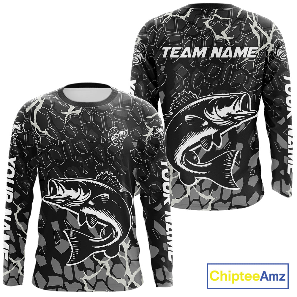 Custom Bass Fishing Black Camo Long Sleeve Fishing Shirts, Personalized Bass Fishing Jerseys NHT507