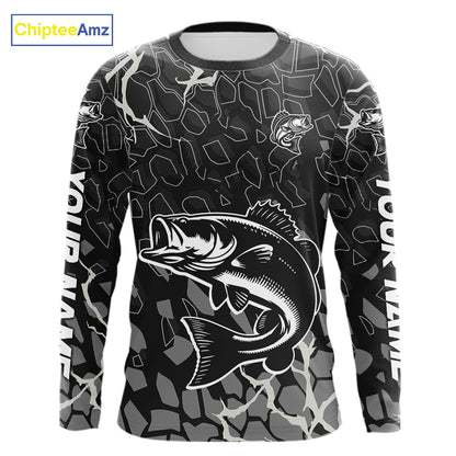 Custom Bass Fishing Black Camo Long Sleeve Fishing Shirts, Personalized Bass Fishing Jerseys NHT507