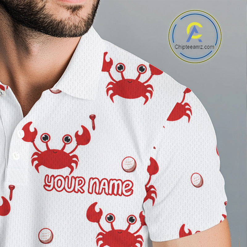 Custom Crab Mens Golf Polo Shirt - Personalized Cute Red Crab Team Name Jersey