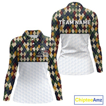 Load image into Gallery viewer, Long-sleeve shirt with argyle pattern and customizable text on a white background