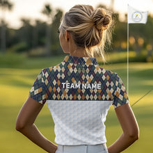 Load image into Gallery viewer, Woman on a golf course wearing a patterned shirt with 'TEAM NAME' text