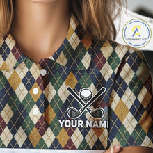 Load image into Gallery viewer, Plaid shirt with golf-themed logo and 'Your Name' text on a mannequin, brand logo in corner.